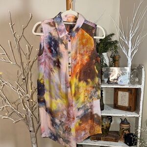 100% Silk Gorgeous Multi-Color Sleeveless Asymmetrical Flowy Layered Tunic.EUC